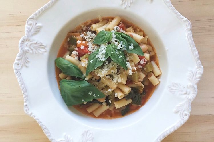 Minestrone on a white plate