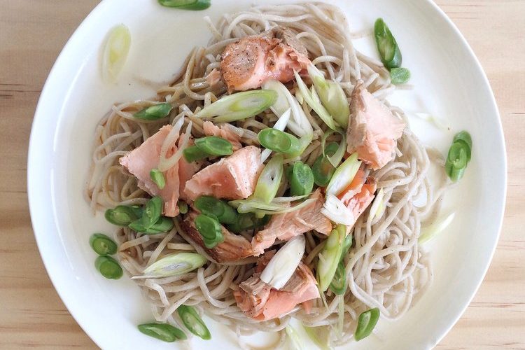 Salmon and Soba Noodle Salad on a white plate
