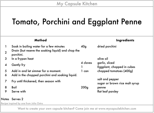 Tomato Porchini and Eggplant Penne recipe