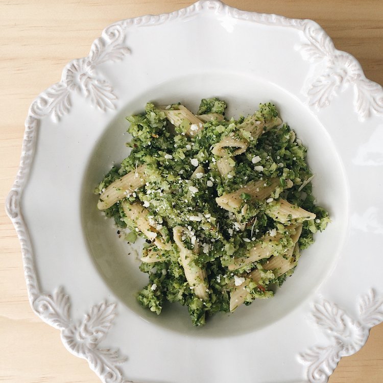 Anchovy, Broccoli and Chilli Penne on a white plate