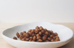 Roasted chickpeas in a white bowl