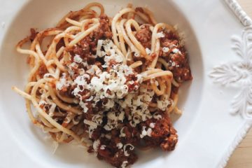 Spaghetti Bolognese with Spaghetti on a white plate