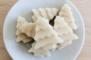 raw macadamia fudge in the shape of christmas trees on a white plate