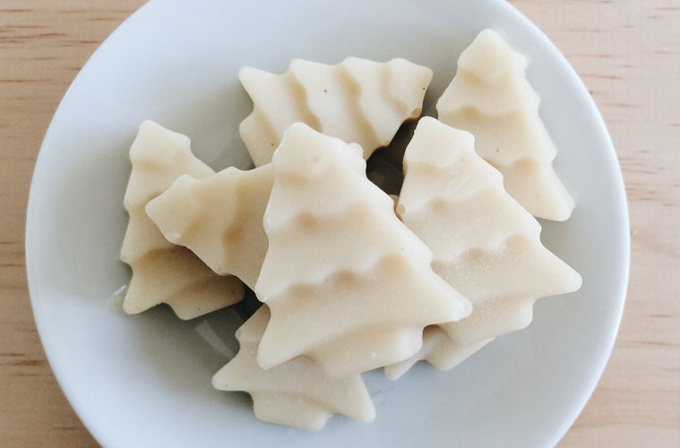 raw macadamia fudge in the shape of christmas trees on a white plate