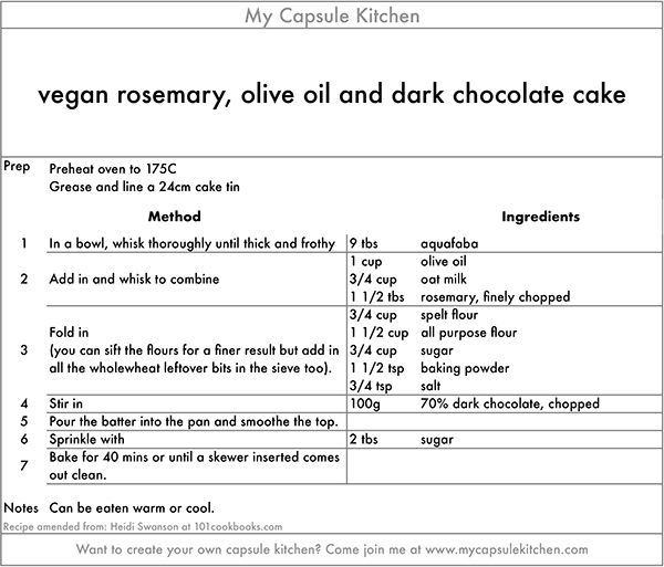Vegan Rosemary, Olive Oil and Dark Chocolate Cake recipe
