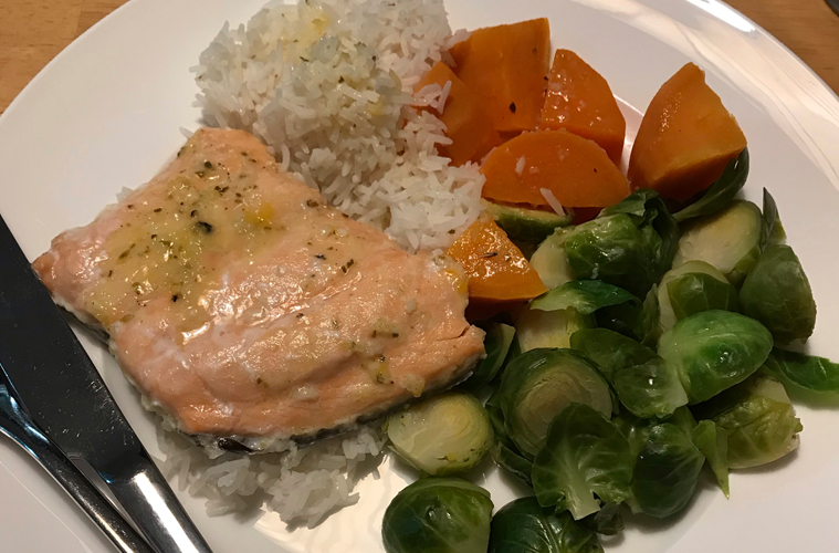 salmon with rice, brussel sprouts and carrots