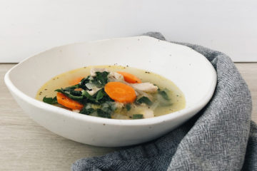 feel good chicken soup in a white bowl