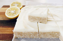 lemon slice on a wooden board cut into squares